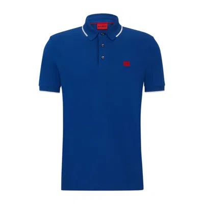 Hugo Boss Cotton-piqu Slim-fit Polo Shirt With Red Logo Label In Blue