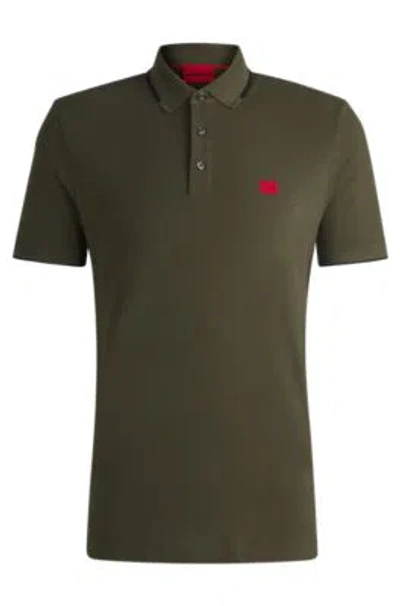 Hugo Boss Cotton-piqu Slim-fit Polo Shirt With Red Logo Label In Khaki
