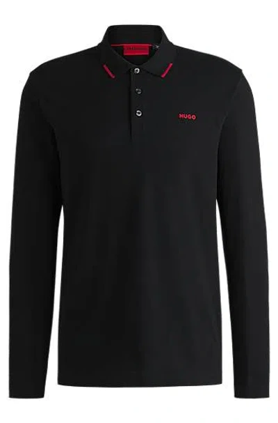 Hugo Boss Mens Black Branded Long-sleeved Cotton Polo Shirt