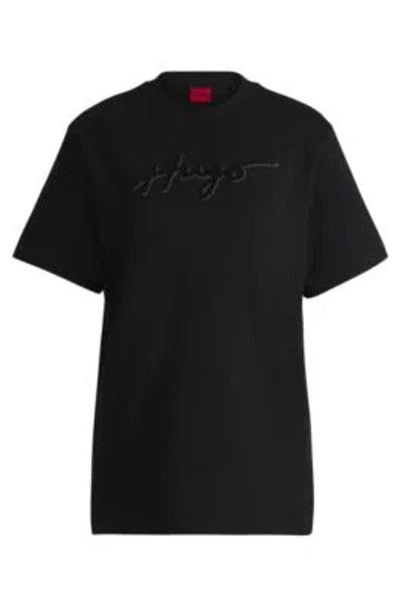 Hugo Boss Cotton T-shirt With Flock Print And Rhinestones In Black