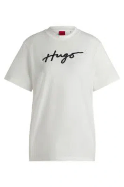 Hugo Boss Cotton T-shirt With Flock Print And Rhinestones In White