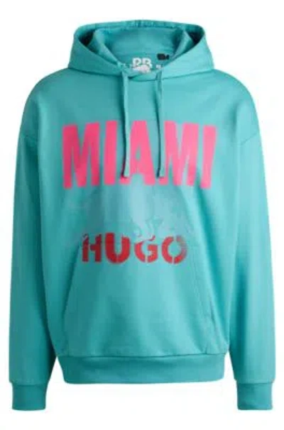 Hugo Cotton-terry Hoodie With Miami Print In Turquoise