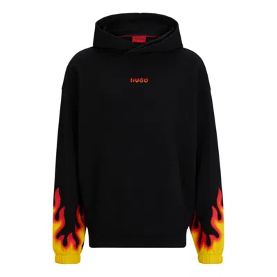 Hugo Cotton-terry Hoodie With Puffed Flame Logo In Black
