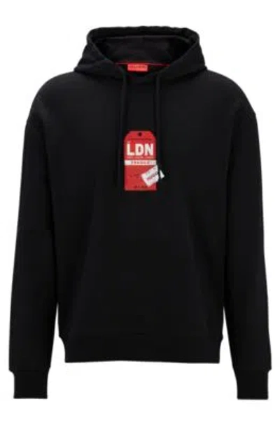 Hugo Cotton-terry Hoodie With Travel-tag Artwork In Black