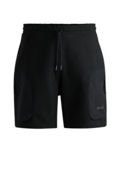 Hugo Boss Cotton-terry Relaxed-fit Shorts With Logo Print In Black