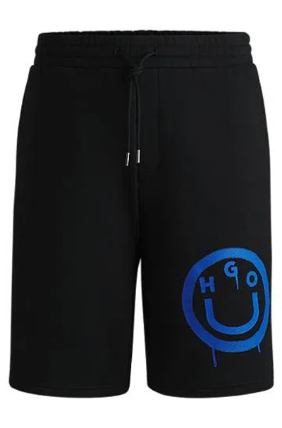 Hugo Boss Cotton-terry Shorts With Smiley-face Logo In Black