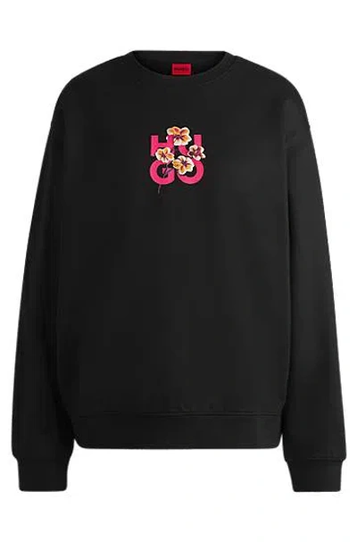 Hugo Cotton-terry Sweatshirt With Floral Stacked-logo Graphic In Black