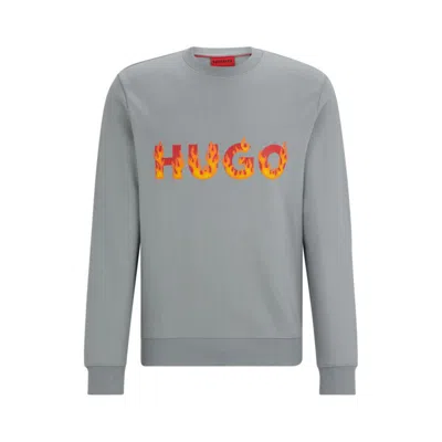 Hugo Cotton-terry Sweatshirt With Puffed Flame Logo In Grey