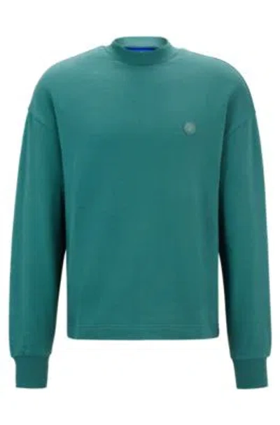 Hugo Cotton-terry Sweatshirt With Smiley-face Logo Patch In Green