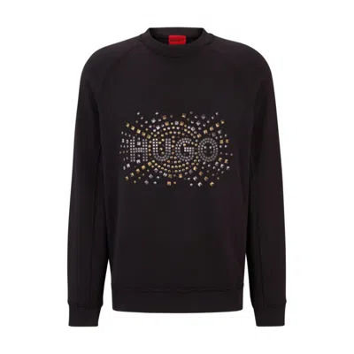 Hugo Cotton-terry Sweatshirt With Stud-effect Logo Artwork In Black