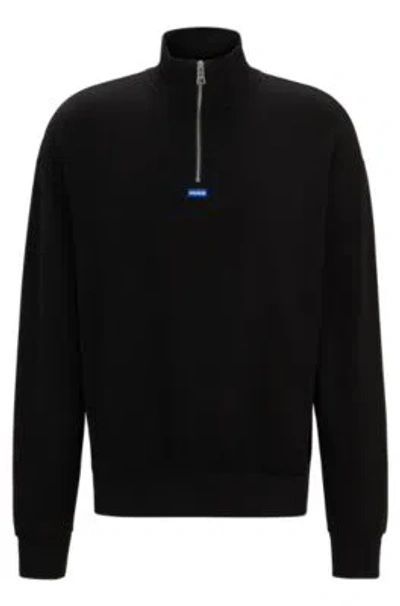 Hugo Cotton-terry Sweatshirt With Zip Closure And Blue Logo In Black