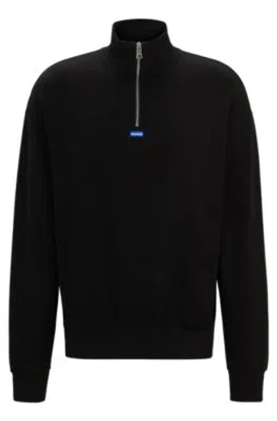 Hugo Boss Cotton-terry Sweatshirt With Zip Closure And Blue Logo In Black