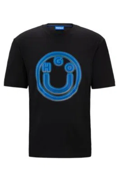 Hugo Cotton-terry T-shirt With Smiley-face Logo In Black