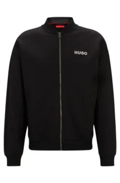 Hugo Boss Cotton-terry Zip-up Sweatshirt With Crochet Logos In Black