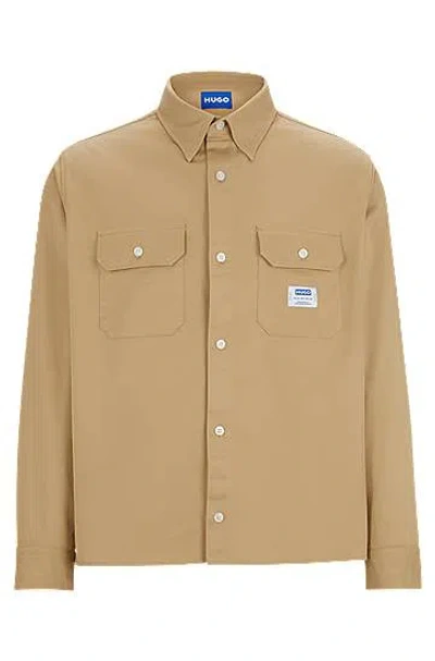Hugo Boss Cotton-twill Shirt With Logo Label In Beige