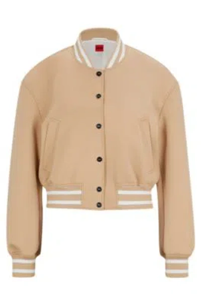 Hugo Boss Cropped Bomber Jacket With Striped Trims In Relaxed Fit In Light Beige