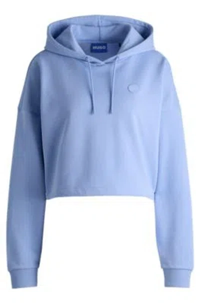 Hugo Boss Cropped Cotton-terry Hoodie With Happy Hugo Logo Badge In Blue
