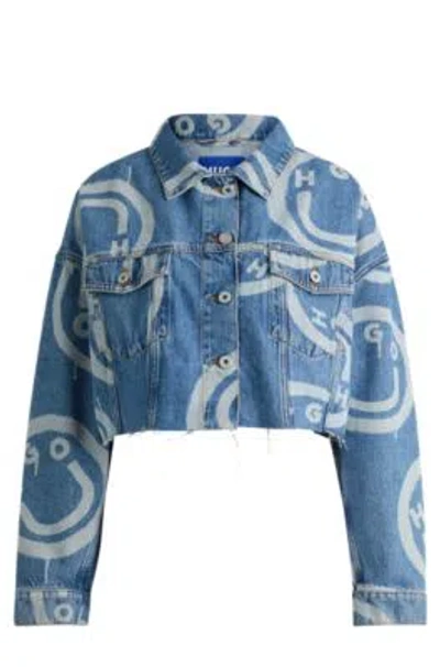 Hugo Boss Cropped Denim Jacket With Happy Hugo Print In Patterned