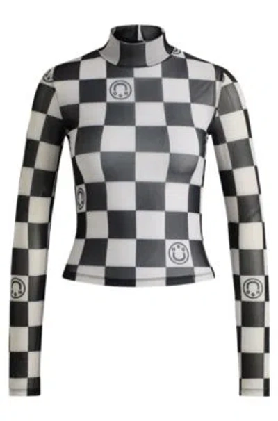 Hugo Boss Cropped Long-sleeved Top In Checkerboard-print Stretch Mesh In Patterned