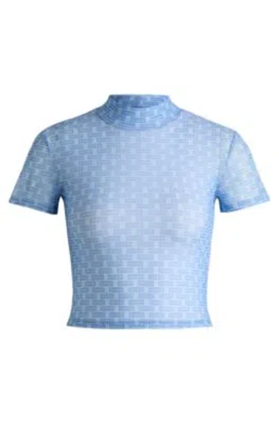 Hugo Cropped Top In Printed Stretch Mesh In Blue