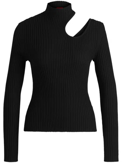 Hugo Boss Sedenno Cut-out Mock-neck Ribbed Sweater In Black