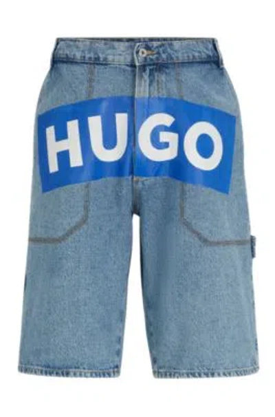 Hugo Denim Shorts With Logo Print In Blue