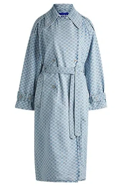 Hugo Boss Denim Trench Coat With Checkerboard Jacquard In Light Blue