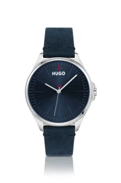 Hugo Distressed-leather-strap Watch With Blue Dial Men's Watches