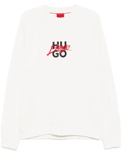 Hugo Boss Double Logo Cotton Sweatshirt In White