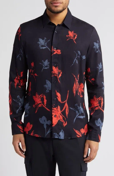 Hugo Boss Emero Straight Fit Floral Button-up Shirt In Dark Blue