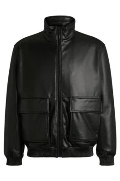 Hugo Boss Faux-leather Jacket With Stacked Logo In Black