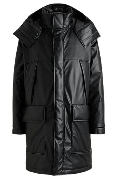 Hugo Boss Faux-leather Relaxed-fit Coat With Logo Hood In Black