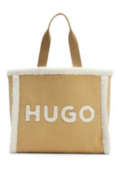 Hugo Boss Faux-suede Tote Bag With Faux-fur Trims In Light Beige