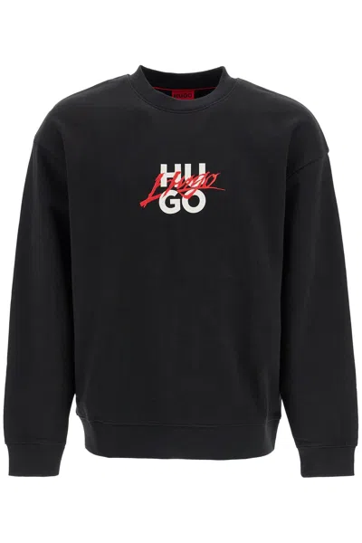 Hugo Boss Dlogonty Cotton Logo Embroidered Relaxed Fit Sweatshirt In Black