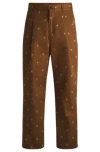 Hugo Boss Flat-fronted Trousers In Floral-embroidered Twill In Brown