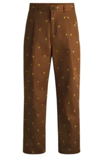 Hugo Boss Flat-fronted Trousers In Floral-embroidered Twill In Brown
