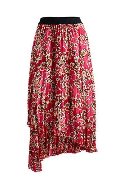 Hugo Floral-print Plissé Skirt With Tiered Layers In Burgundy