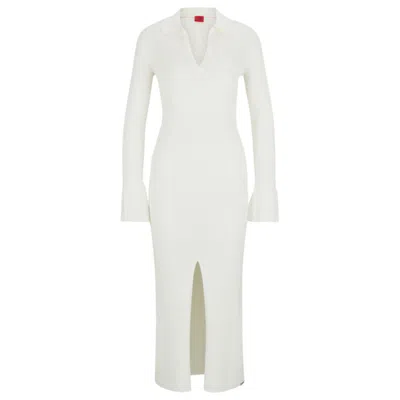 Hugo Boss Front-slit Polo Dress In Ribbed Crepe In White