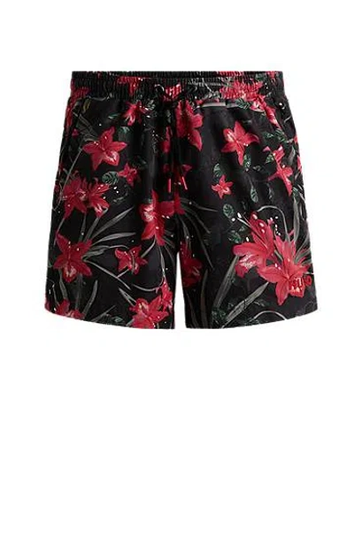 Hugo Boss Fully Lined Swim Shorts With Seasonal Print In Black