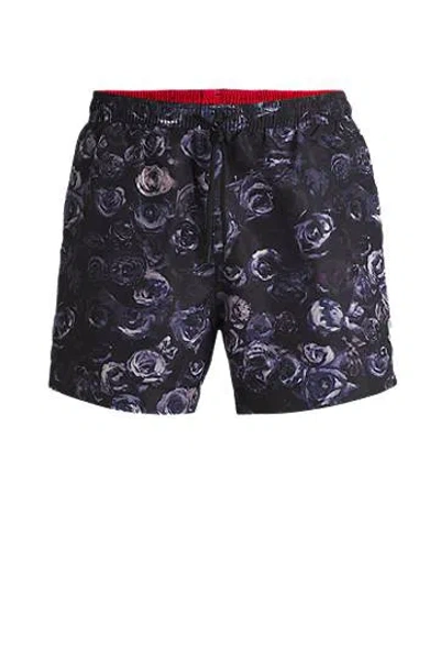 Hugo Boss Fully Lined Swim Shorts With Seasonal Print In Black