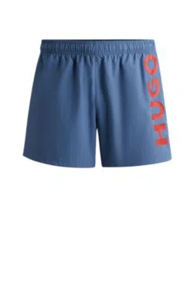 Hugo Fully Lined Swim Shorts With Vertical Logo In Blue