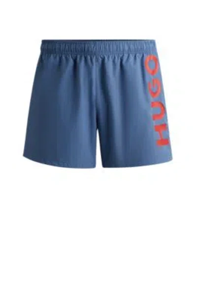 Hugo Boss Fully Lined Swim Shorts With Vertical Logo In Blue