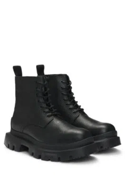 Hugo Boss Grained Leather Lace-up Boots With Chunky Sole In Black
