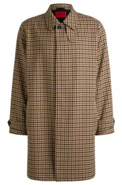 Hugo Houndstooth-check Regular-fit Coat With Concealed Closure In Dark Brown