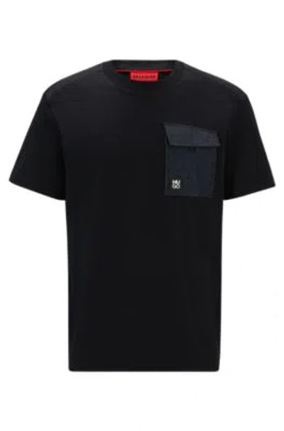 Hugo Interlock-cotton T-shirt With Animal-print Trims In Black