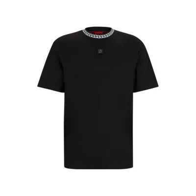Hugo Interlock-cotton T-shirt With Chain-print Collar In Black