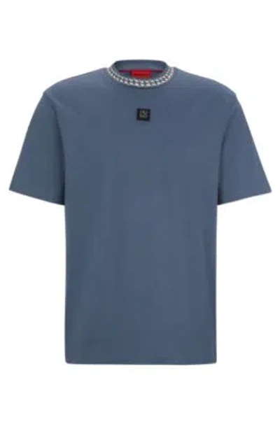 Hugo Interlock-cotton T-shirt With Chain-print Collar In Light Blue