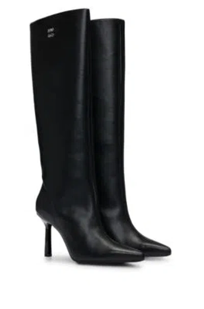 Hugo Boss Knee-high Boots In Nappa Leather With Stacked Logo In Black