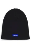 Hugo Boss Knitted-cotton Beanie Hat With Blue Logo Label In Black