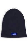 Hugo Boss Knitted-cotton Beanie Hat With Blue Logo Label In Dark Blue